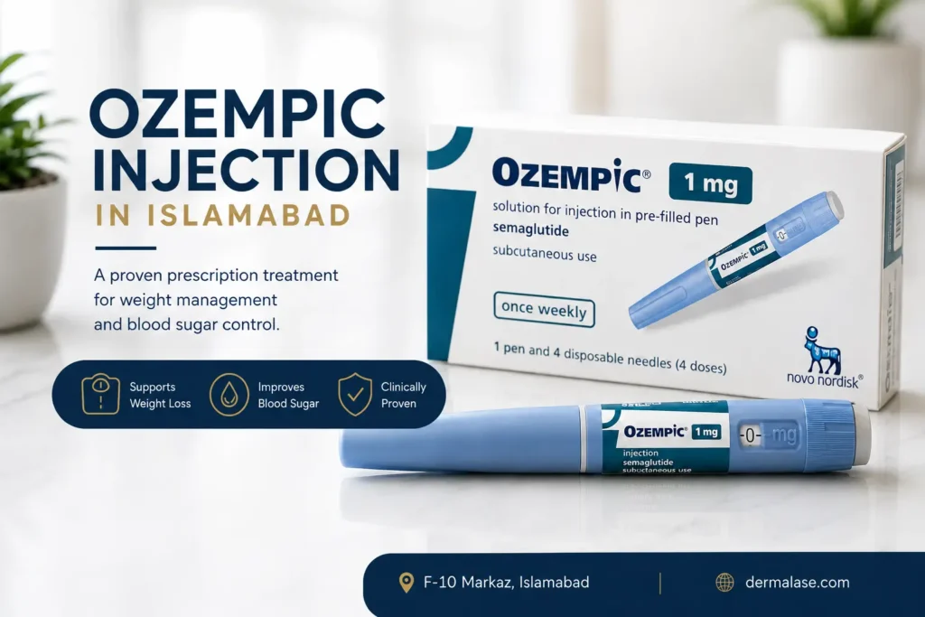 Ozempic Injection In slamabad 1 Ozempic injection in Islamabad administered by Dr. Shumaila Khan at Dermalase for medically supervised weight management, appetite control, and metabolic health using personalized GLP-1 treatment plans.